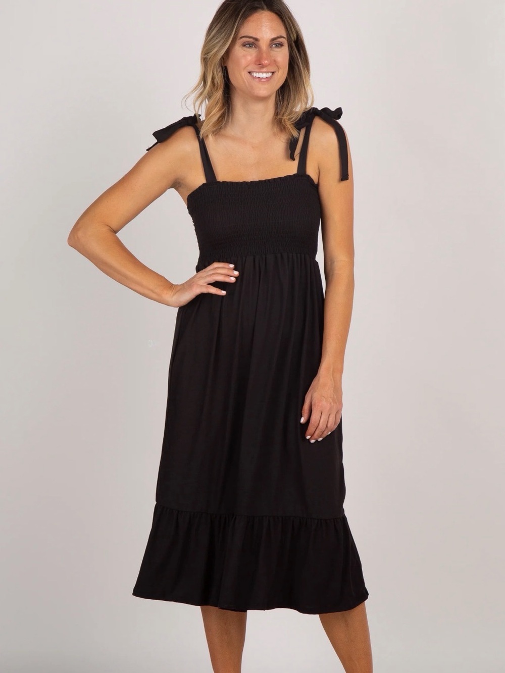 Black Tie-Shoulder Smocked Midi Dress